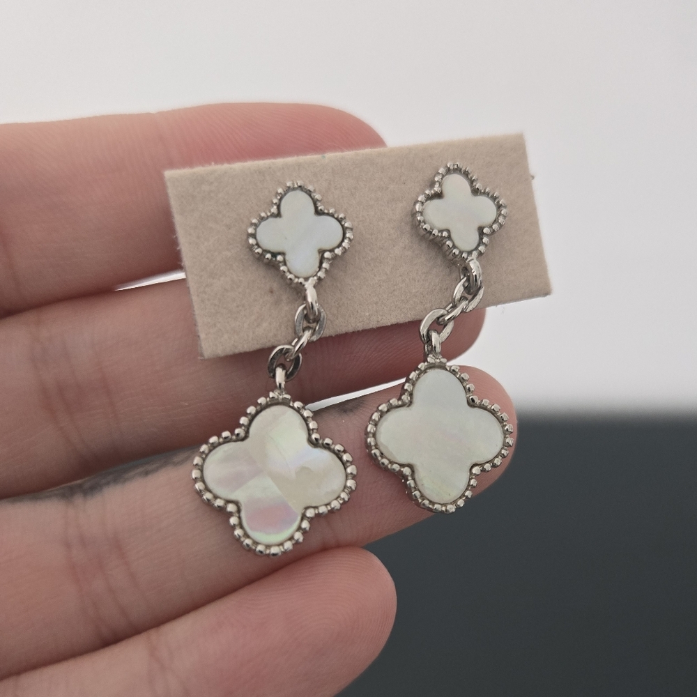 Sterling Silver And Mother of Pearl Clover Drop Stud Earrings